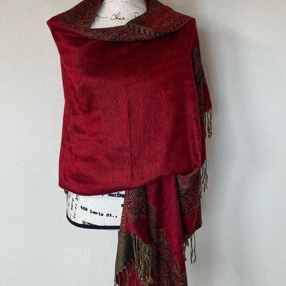 Red Shawl with Fringe on Ends - Picture 6 of 6